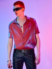 ROMWE MEN Street Life Guys Holographic Button Up Shirt - Red - View 6