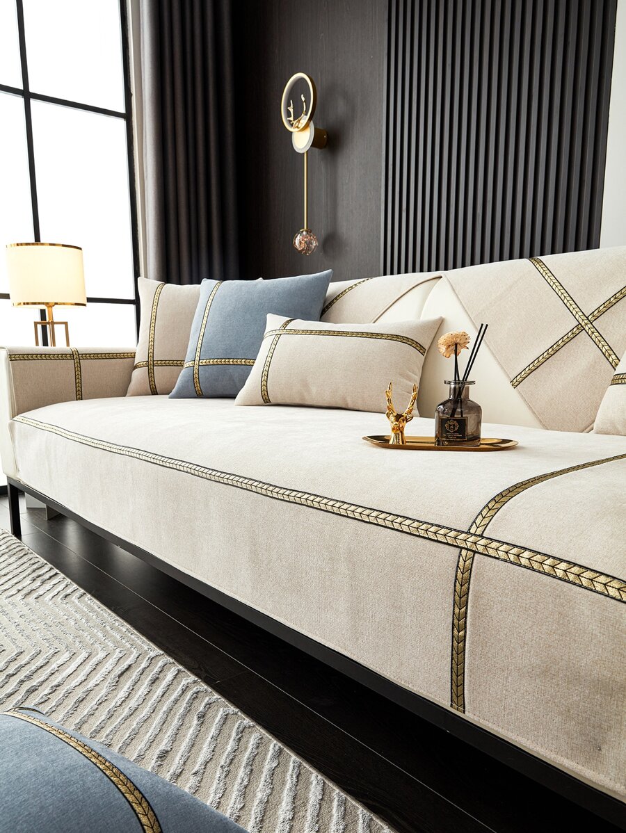 1pc Polyester Sofa Towel, Modern Striped Pattern Anti-slip Sofa Cover Blanket For All Season - Beige - View 1