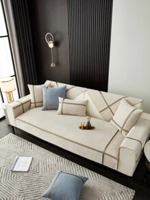 1pc Polyester Sofa Towel, Modern Striped Pattern Anti-slip Sofa Cover Blanket For All Season - Beige - View 3