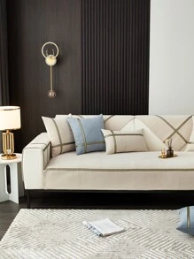1pc Polyester Sofa Towel, Modern Striped Pattern Anti-slip Sofa Cover Blanket For All Season - Beige - View 5