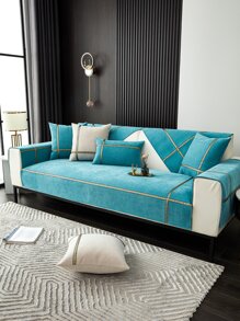 1入組滌綸沙發巾現代撞色帶沙發套毛毯適合所有季節 - 藍色 - 查看 3