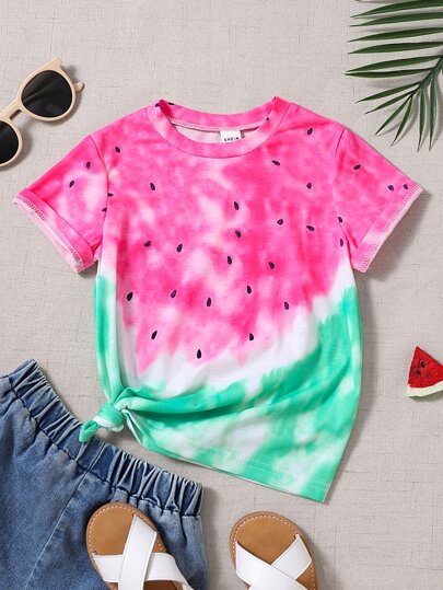 SHEIN Young Girl Tie Dye Watermelon Print Tee
