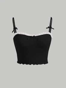 SHEIN MOD Áo khoác và áo lót dành cho xe tăng nữ Nơ Bướm Tương phản ren viền lá sen Xù nhỏ Gân đan màu trơn Giải trí - màu đen - Xem 1