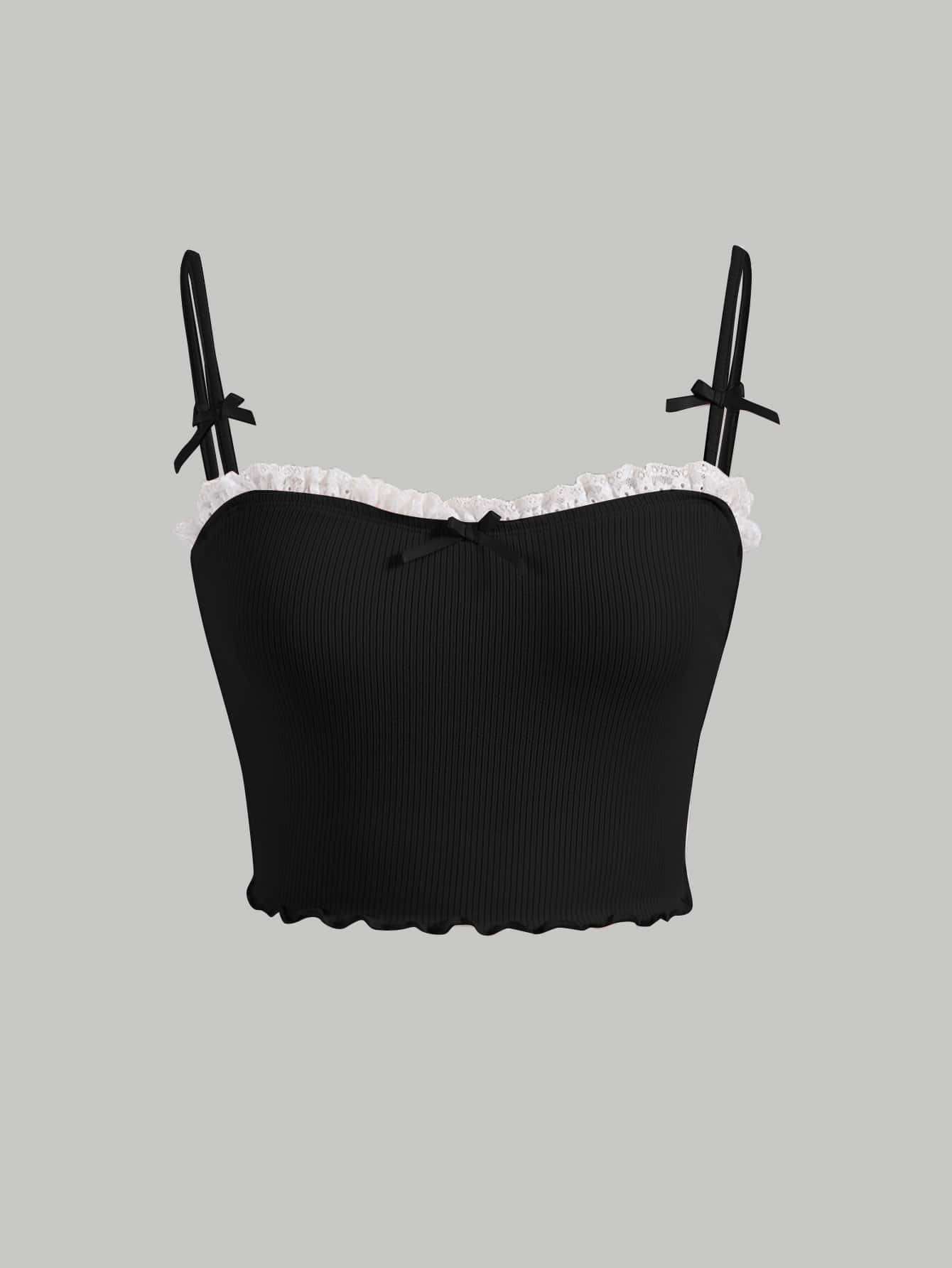 SHEIN MOD Áo khoác và áo lót dành cho xe tăng nữ Nơ Bướm Tương phản ren viền lá sen Xù nhỏ Gân đan màu trơn Giải trí - màu đen - Xem 1