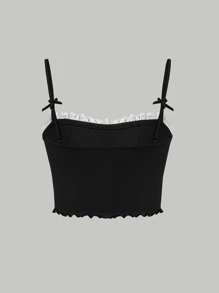 SHEIN MOD Áo khoác và áo lót dành cho xe tăng nữ Nơ Bướm Tương phản ren viền lá sen Xù nhỏ Gân đan màu trơn Giải trí - màu đen - Xem 2
