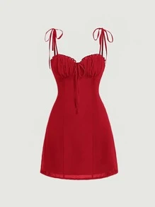 SHEIN MOD Red Ruffle Tie Shoulder Ruched Bust Tie Front Cami Dress - Red - View 1