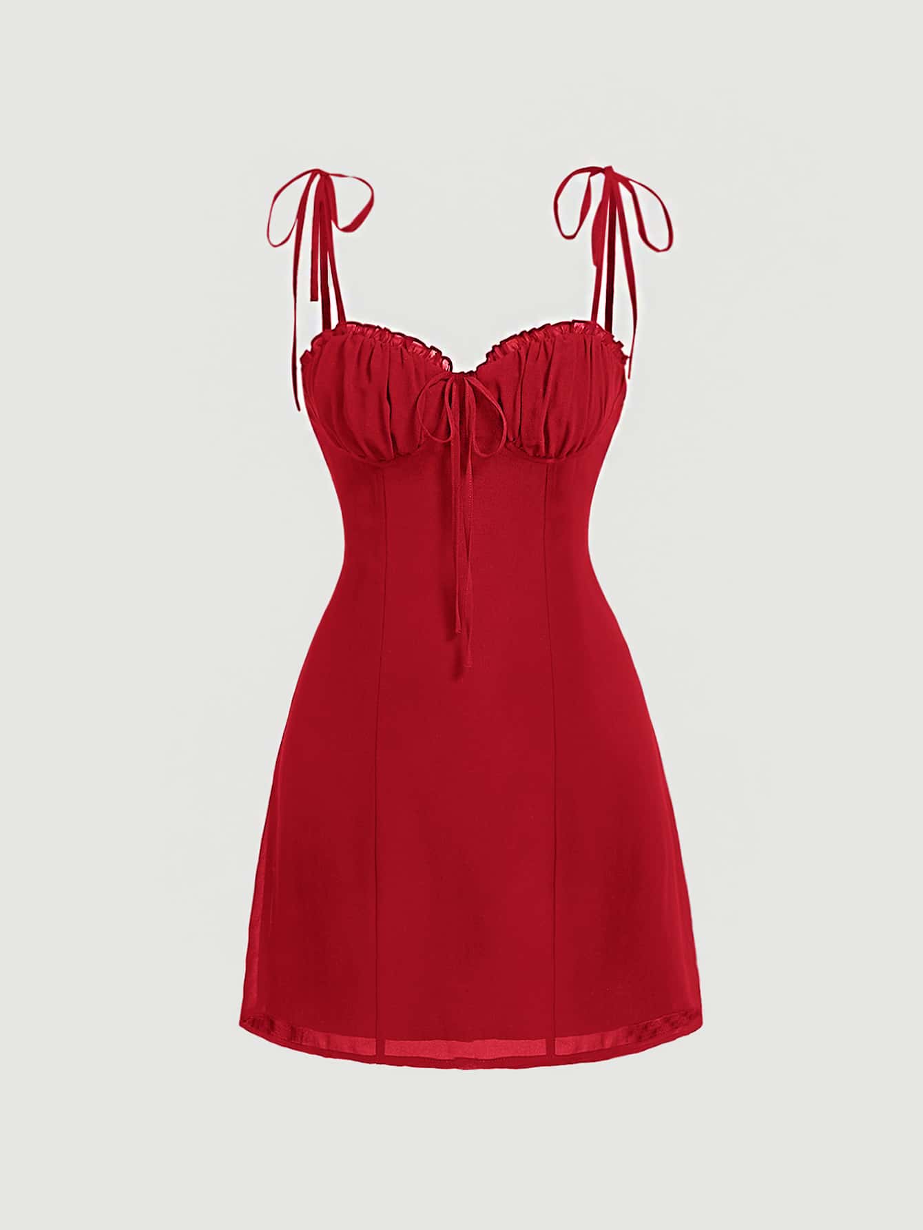 SHEIN MOD Red Ruffle Tie Shoulder Ruched Bust Tie Front Cami Dress - Red - View 1