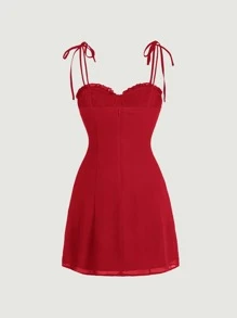 SHEIN MOD Red Ruffle Tie Shoulder Ruched Bust Tie Front Cami Dress - Red - View 2