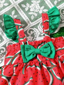 Bebé Vestido body con estampado de sandía con lazo delantero ribete con fruncido - Rojo - Ver 3