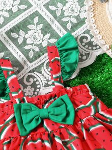 Bebé Vestido body con estampado de sandía con lazo delantero ribete con fruncido - Rojo - Ver 4
