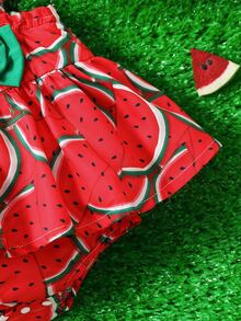 Bebé Vestido body con estampado de sandía con lazo delantero ribete con fruncido - Rojo - Ver 5
