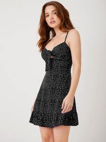 Soleia Đầm Viên lá sen Dây kéo Thắt nơ trước Chấm bi Boho - màu đen - Xem 3