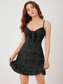 Soleia Đầm Viên lá sen Dây kéo Thắt nơ trước Chấm bi Boho - màu đen - Xem 4