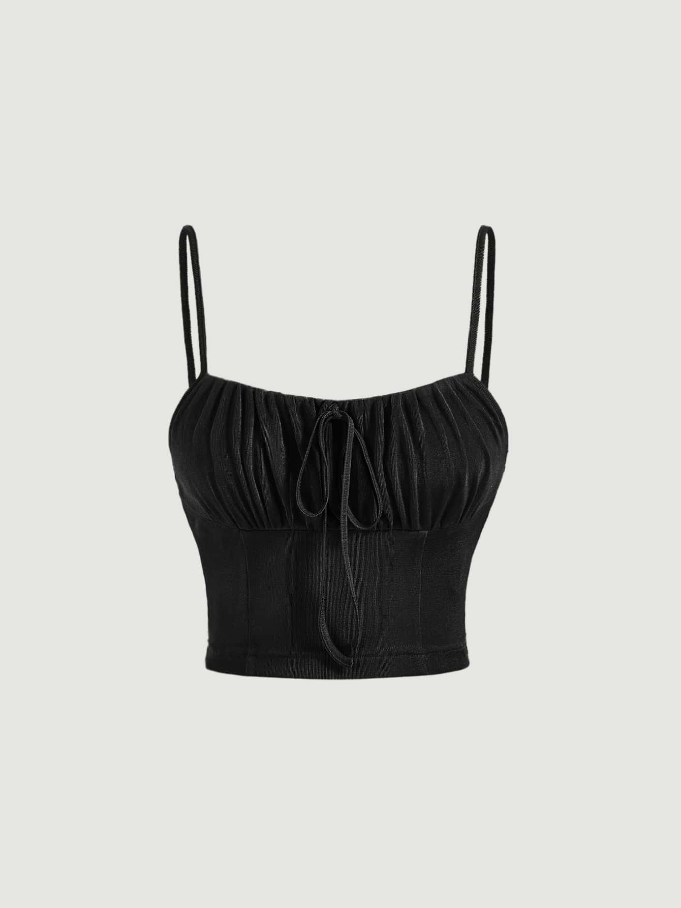 SHEIN MOD Áo khoác và áo lót dành cho xe tăng nữ Thắt nơ trước Nếp gấp Phần Ngực màu trơn Giải trí - màu đen - Xem 1