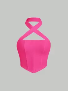 SHEIN MOD Áo khoác và áo lót dành cho xe tăng nữ Bất đối xứng Lộ Lưng Hội Chữ thập Gân đan màu trơn Giải trí - Màu Hồng Tươi - Xem 1