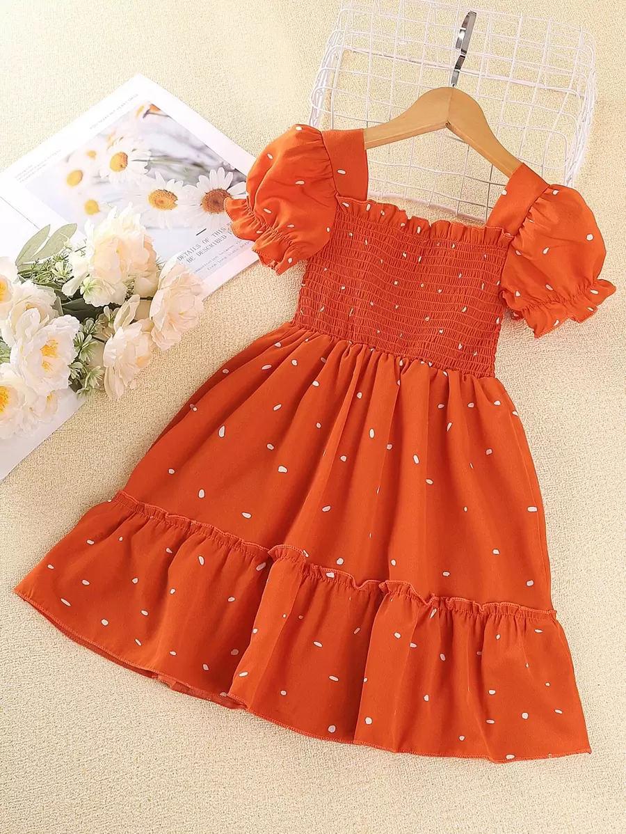 Váy lót áo có họa tiết in họa tiết Ruffle Hem cho cô gái trẻ Dalmatian - Màu Cam san hô - Xem 1