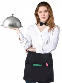 1pc Polyester Apron, Black Cooking Apron For Coffee Houses - Black - View 4