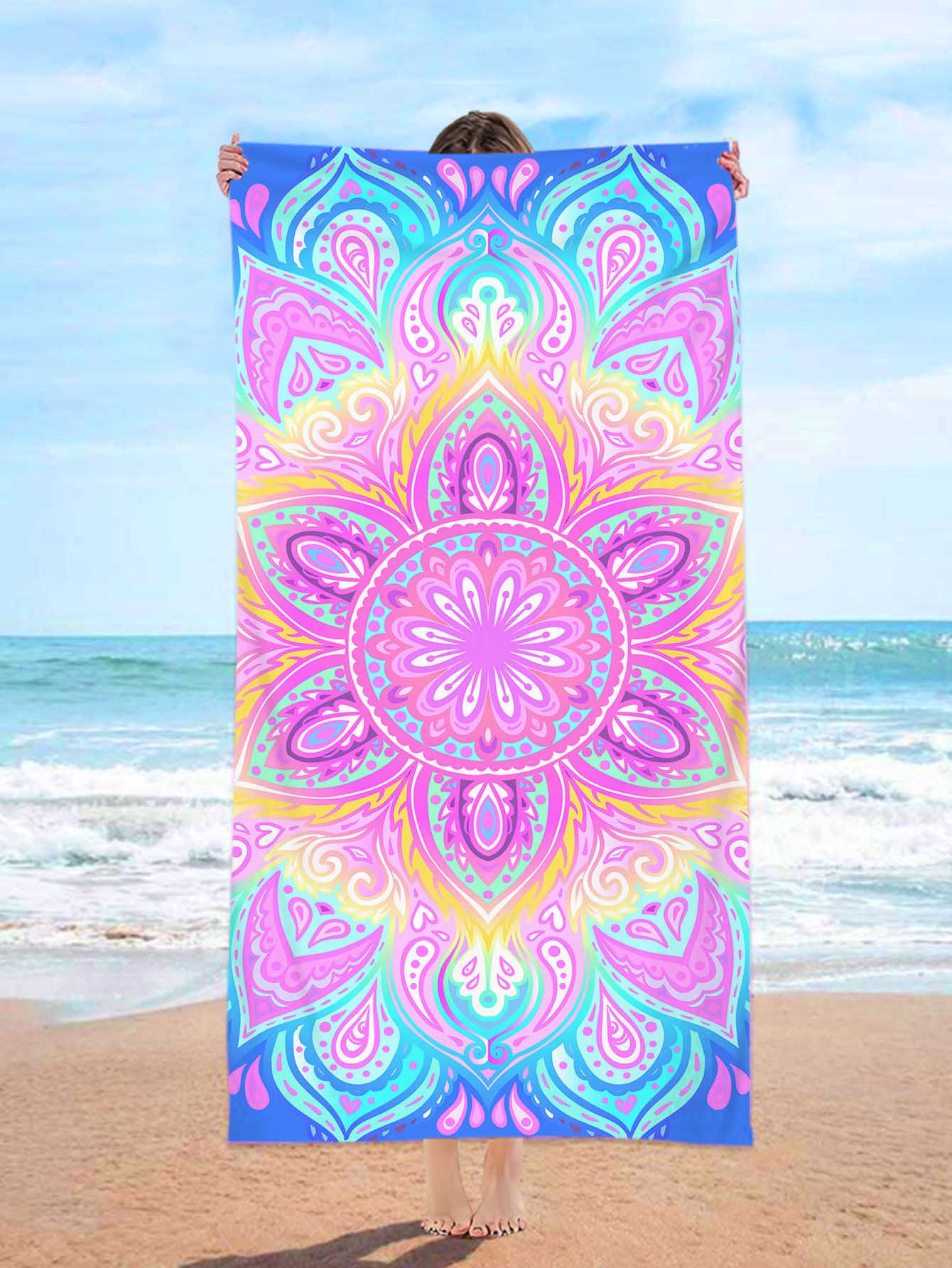 1入組曼陀羅圖案沙灘巾纖維矩形旅行沙灘巾適合游泳潛水夏季 - 彩色 - 查看 1