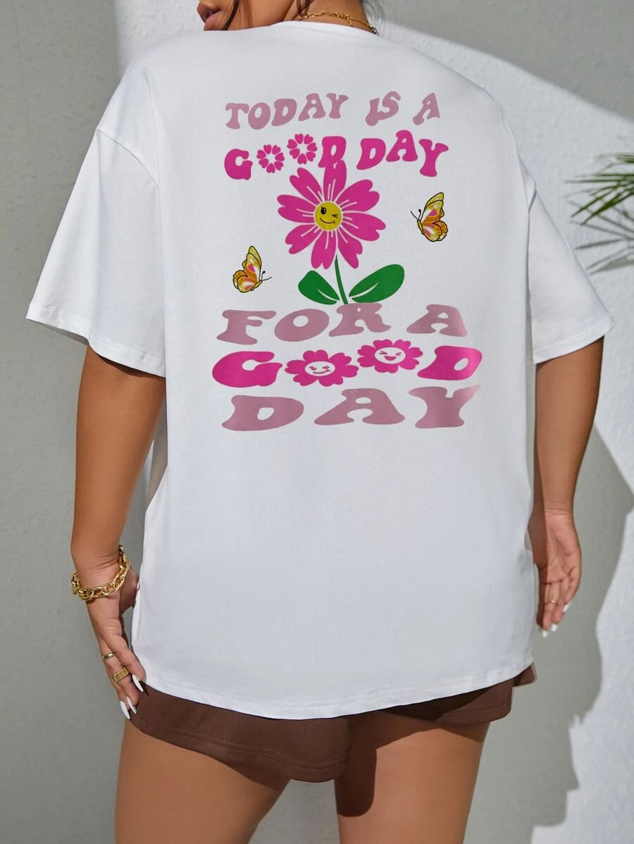 Flirla Plus Floral & Slogan Graphic Drop Shoulder Tee - White - View 1