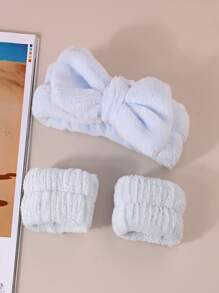 3入組滌綸沐浴髮帶和沐浴腕帶套裝藍色蝴蝶結裝飾毛絨沐浴髮帶和腕帶