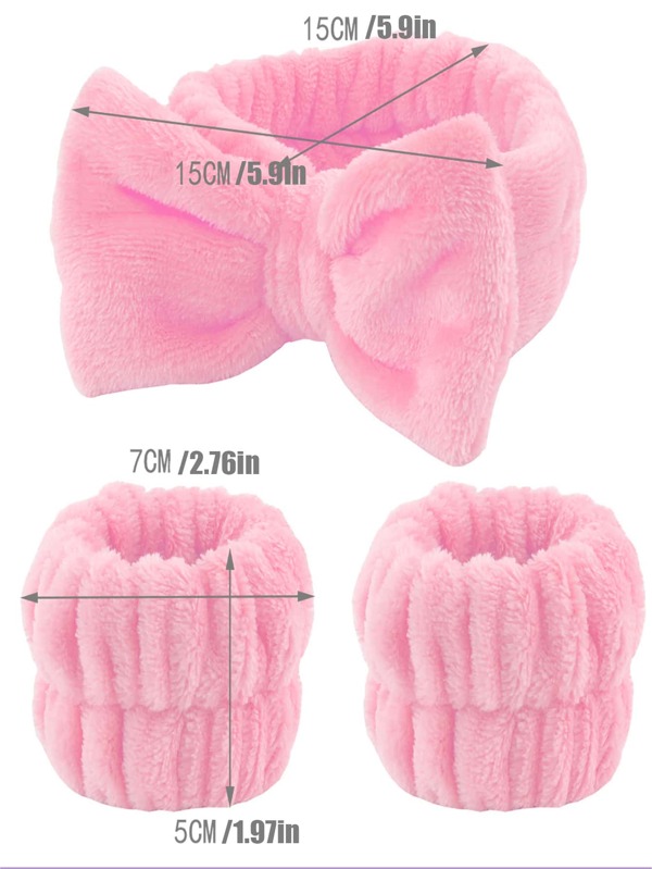 3pcs/set Polyester Bath Headband & Wristband, Cute Bow Decor Pink Facial Makeup Headband