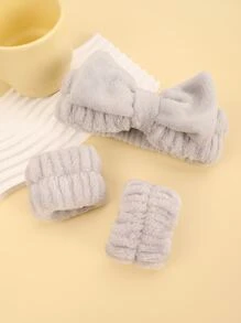 3入組滌綸沐浴髮帶和沐浴腕帶套裝灰色蝴蝶結裝飾毛茸茸沐浴髮帶和腕帶