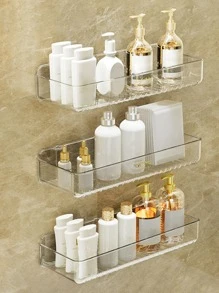 1pc Plastic Lotion Storage Rack, Clear Wall Mounted Punch-free Shelving Storage Unit For Bathroom Laundry - Clear - View 3