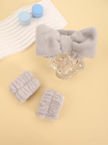 3入組滌綸沐浴髮帶和沐浴腕帶套裝灰色蝴蝶結裝飾毛茸茸沐浴髮帶和腕帶