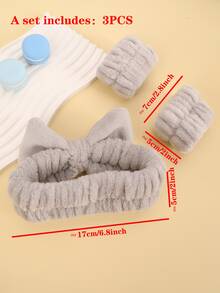 3入組滌綸沐浴髮帶和沐浴腕帶套裝灰色蝴蝶結裝飾毛茸茸沐浴髮帶和腕帶