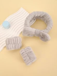 3入組滌綸沐浴髮帶和沐浴腕帶套裝灰色蝴蝶結裝飾毛茸茸沐浴髮帶和腕帶