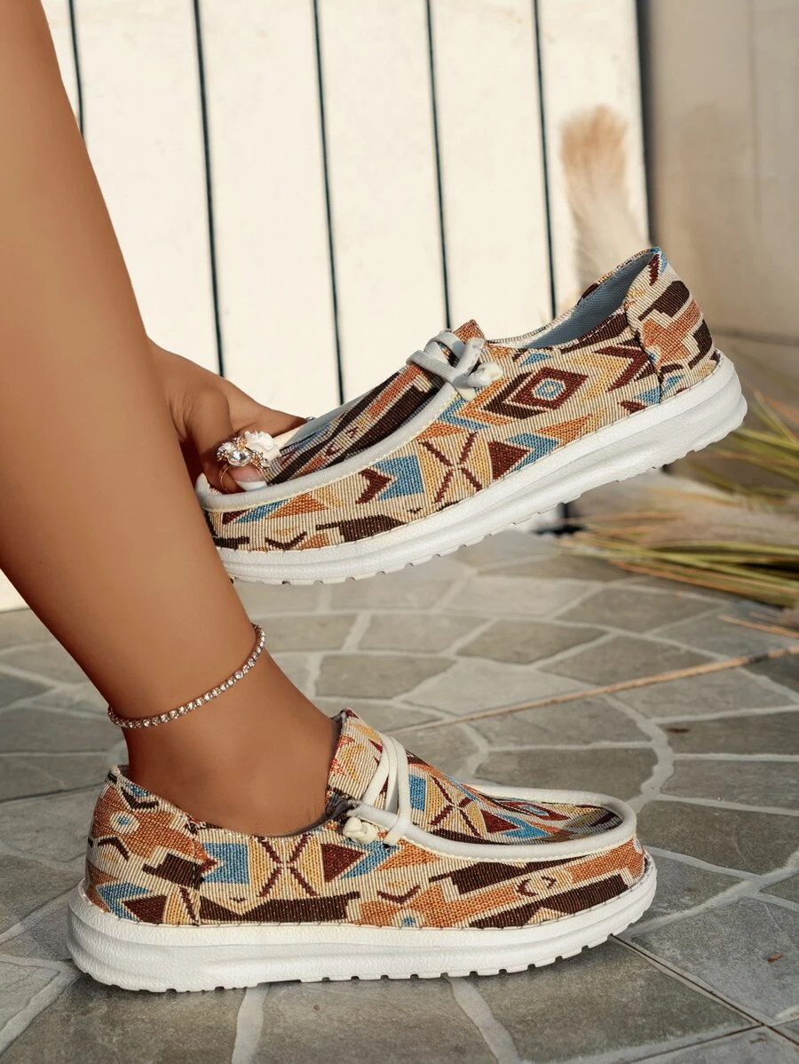 Sporty Slip On Shoes For Women, Random Geometric Pattern Lace Up Fabric Sneakers - Multicolor - View 1