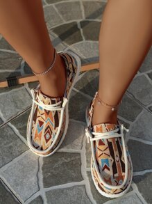 Sporty Slip On Shoes For Women, Random Geometric Pattern Lace Up Fabric Sneakers - Multicolor - View 4