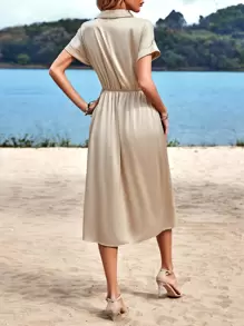 SHEIN Clasi Vestido unicolor con diseño fruncido de satén - Albaricoque - Ver 2