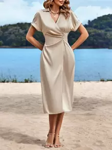 SHEIN Clasi Vestido unicolor con diseño fruncido de satén - Albaricoque - Ver 5