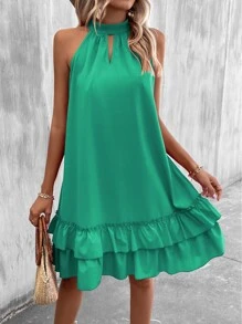 SHEIN VCAY Keyhole Neckline Ruffle Hem Tie Back Dress - Green - View 1