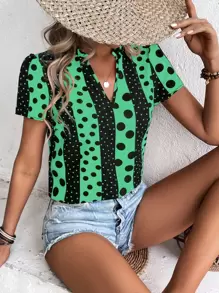 SHEIN LUNE Polka Dot Print Notched Neck Blouse - Multicolor - View 1