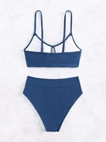 Cut Out Front High Waisted Summer Beach Bikini Set - Dusty Blue - View 5