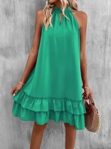 SHEIN VCAY Keyhole Neckline Ruffle Hem Tie Back Dress - Green - View 5