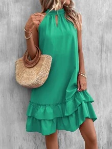 SHEIN VCAY Keyhole Neckline Ruffle Hem Tie Back Dress - Green - View 6