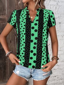 SHEIN LUNE Polka Dot Print Notched Neck Blouse - Multicolor - View 4