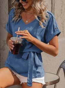 SHEIN LUNE Blusa unicolor con diseño de botón con cinturón - Neblina azul - Ver 3