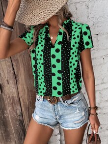 SHEIN LUNE Polka Dot Print Notched Neck Blouse - Multicolor - View 5