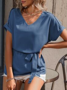 SHEIN LUNE Blusa unicolor con diseño de botón con cinturón - Neblina azul - Ver 6