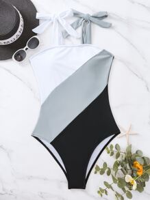 SHEIN Swim Phụ nữ một mảnh Thắt nút Khối Màu - Nhiều màu - Xem 5