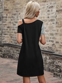 EMERY ROSE Two Tone Asymmetrical Neck Tee Dress - Grey - View 2