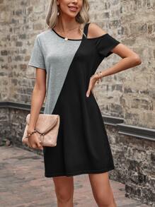 EMERY ROSE Two Tone Asymmetrical Neck Tee Dress - Grey - View 3