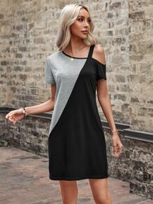 EMERY ROSE Two Tone Asymmetrical Neck Tee Dress - Grey - View 4