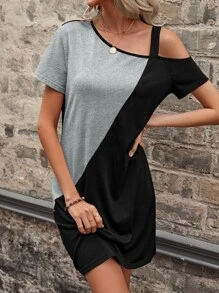 EMERY ROSE Two Tone Asymmetrical Neck Tee Dress - Grey - View 5