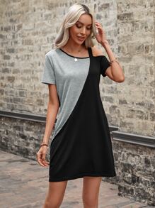 EMERY ROSE Two Tone Asymmetrical Neck Tee Dress - Grey - View 6