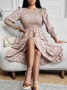 EMERY ROSE Vestido con estampado floral de manga farol bajo con fruncido - Caqui - Ver 3